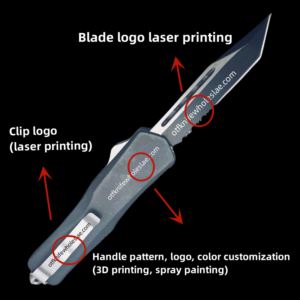 otf double-action knife customization, logo, blade, clip, handle